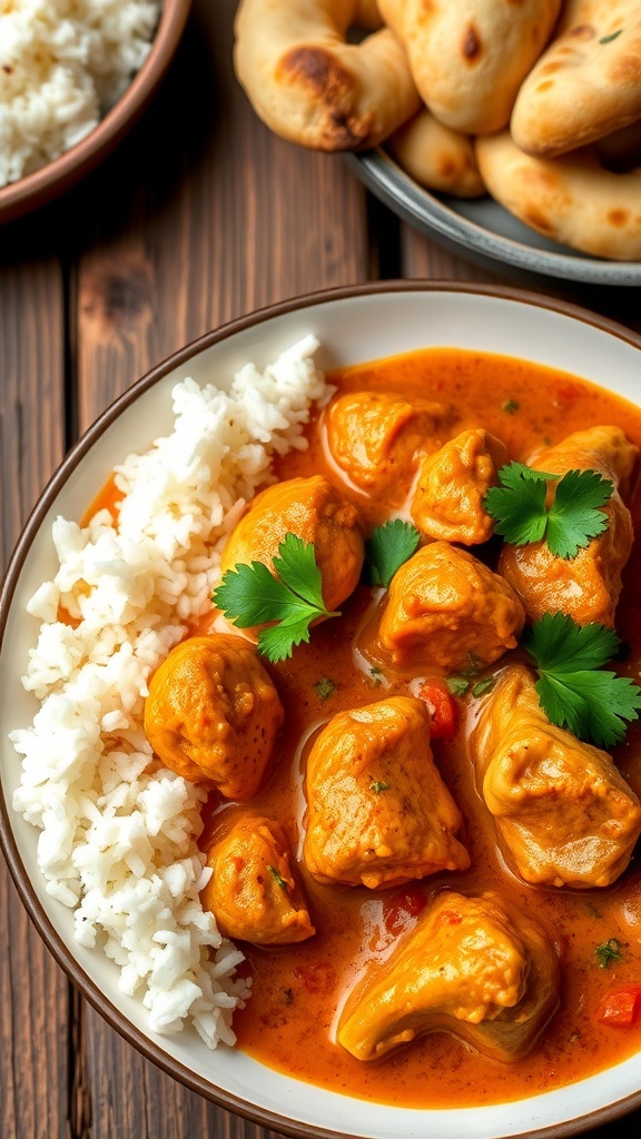 A bowl of spicy chicken curry with cilantro, served with rice and naan on a wooden table.